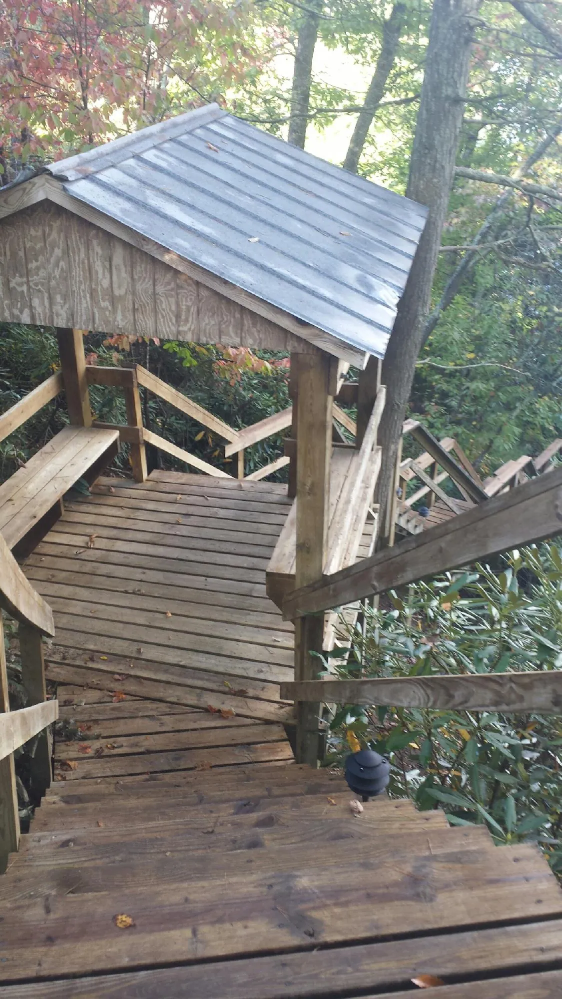 Metal roofed shelter over wooden steps on a wooded walkway — Skylight Repair & Installation work by our crew in Labadie